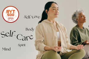 Coach Breanna, a black female in a pink shirt and maroon leggings in a thread the needle child's pose variation.