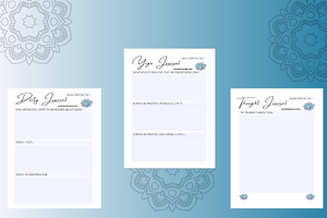 Three different yoga sequence planner pages with a blue background.